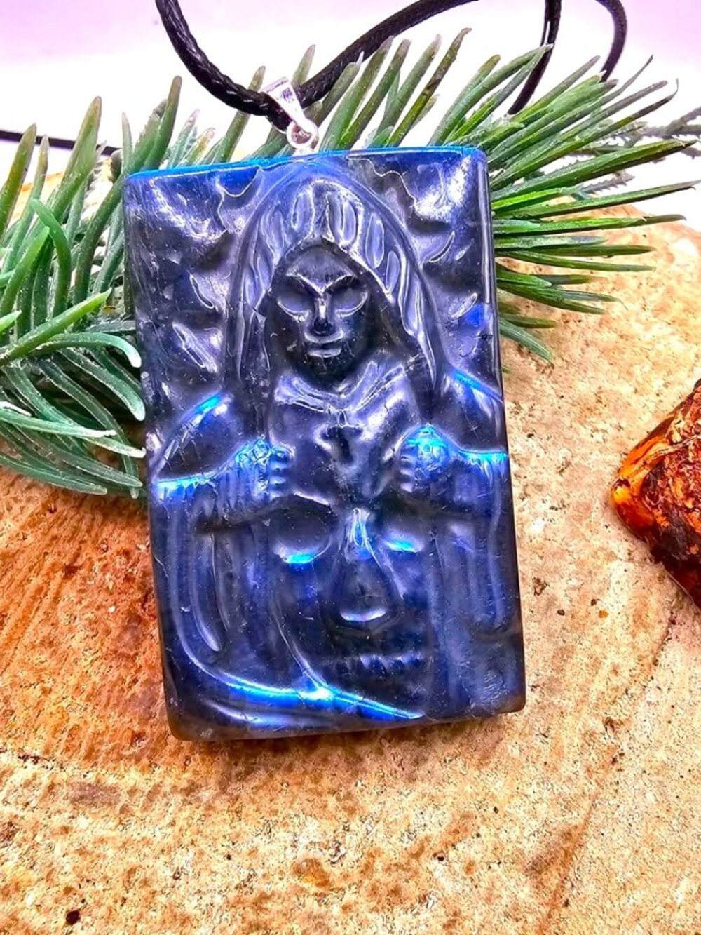 Nature Labradorite Carved Evil Monk Pendant Necklace